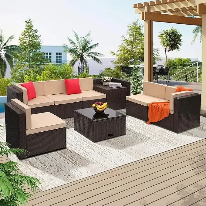 8-piece Outdoor Rattan Patio Furniture Segmented Set, Glass-topped Table with Hidden Storage - Image 10