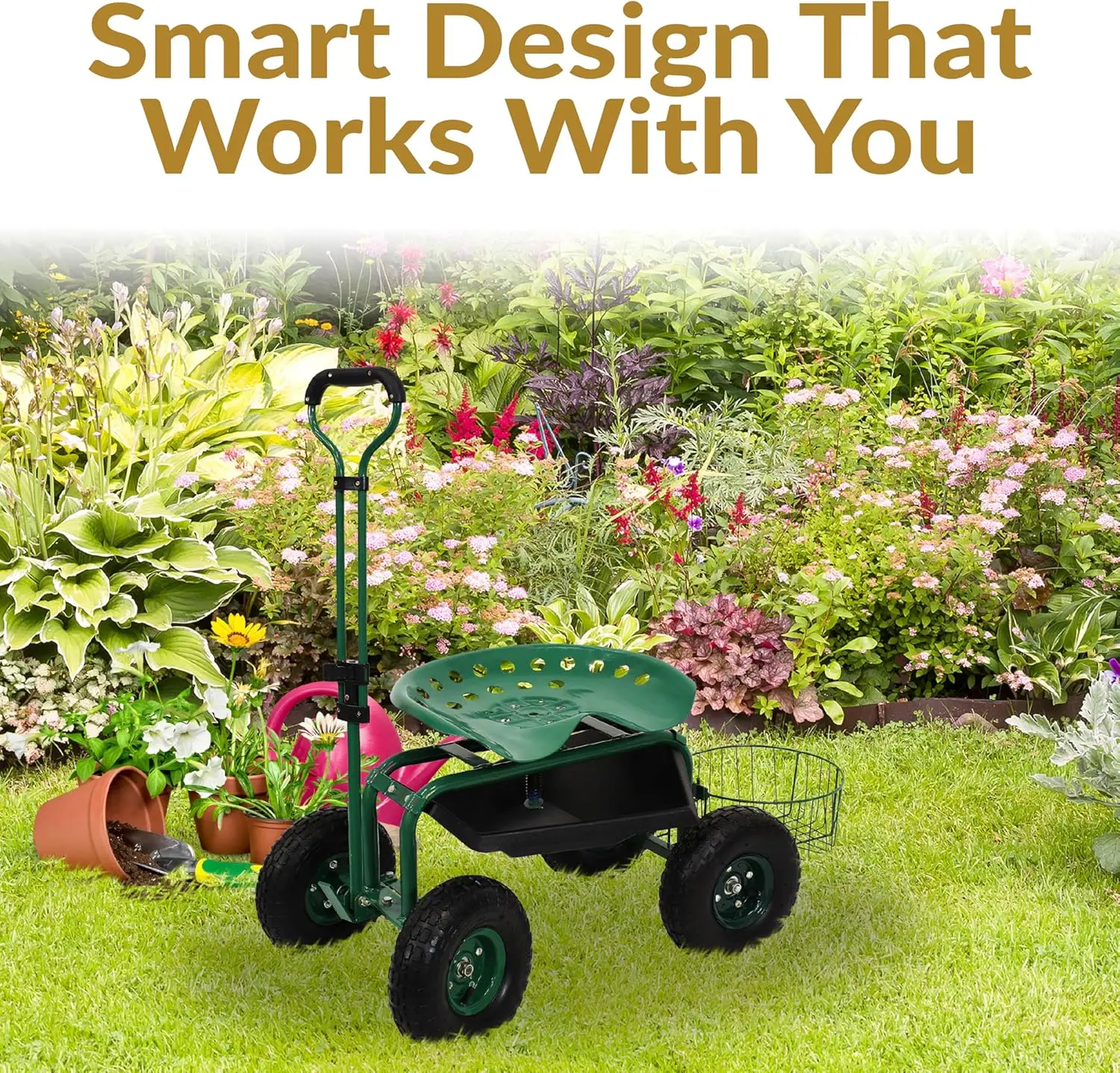 Customizable-Garden Cart With Wheels Garden Stool On Wheels Rolling Gardening Seat With Extendable Handle Swivel Seat . Green - Image 10