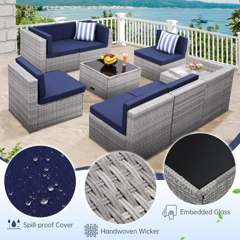 8-piece Outdoor Rattan Patio Furniture Segmented Set, Glass-topped Table with Hidden Storage - Image 16