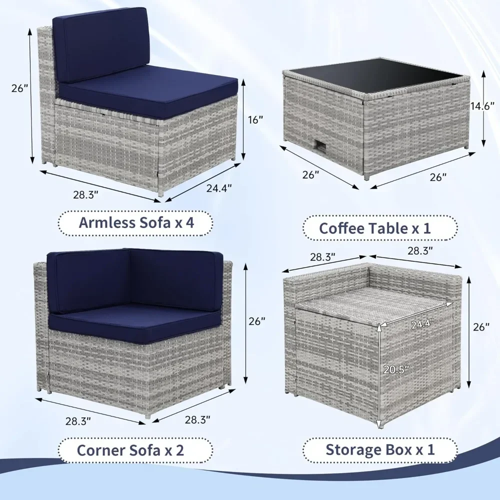 8-piece Outdoor Rattan Patio Furniture Segmented Set, Glass-topped Table with Hidden Storage - Image 2