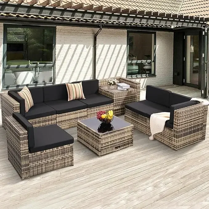 8-piece Outdoor Rattan Patio Furniture Segmented Set, Glass-topped Table with Hidden Storage - Image 7