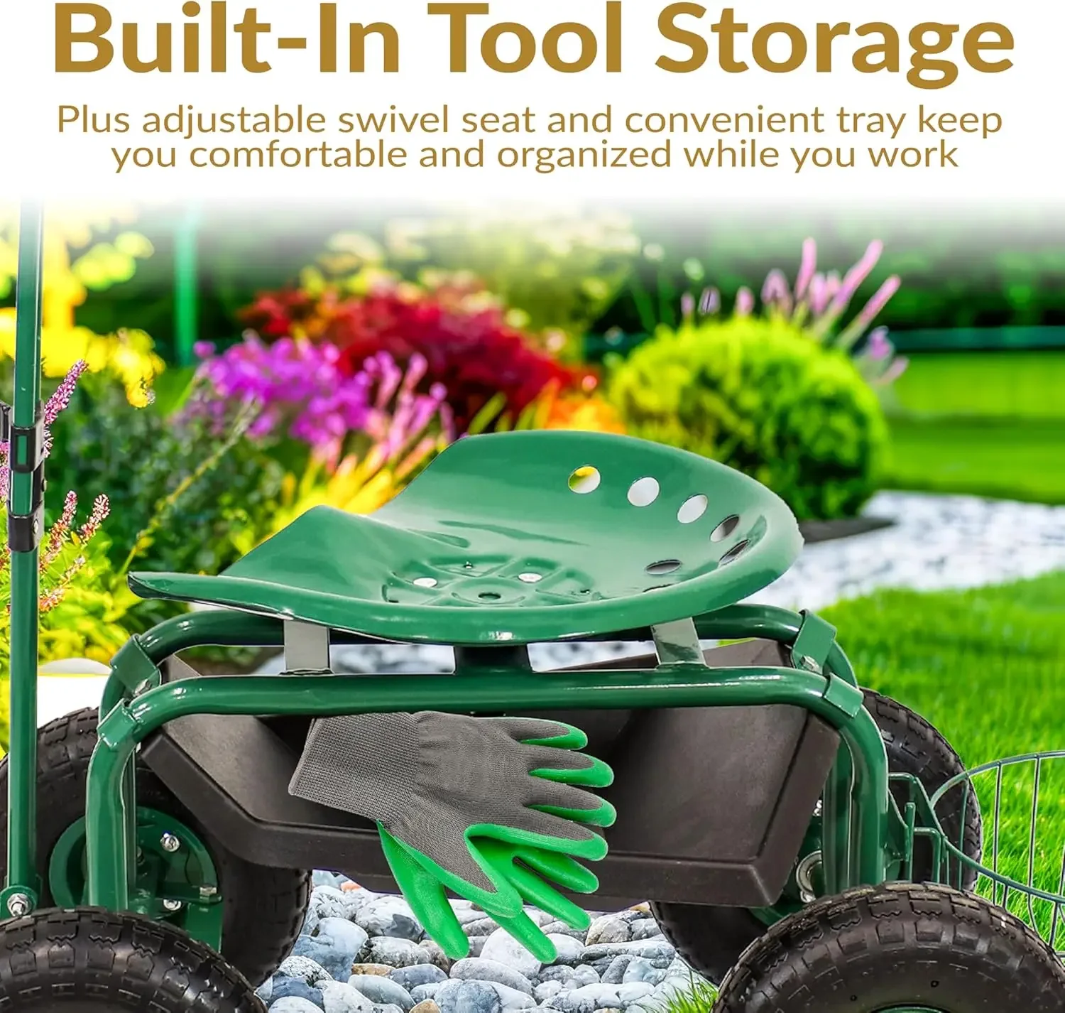 Customizable-Garden Cart With Wheels Garden Stool On Wheels Rolling Gardening Seat With Extendable Handle Swivel Seat . Green - Image 5