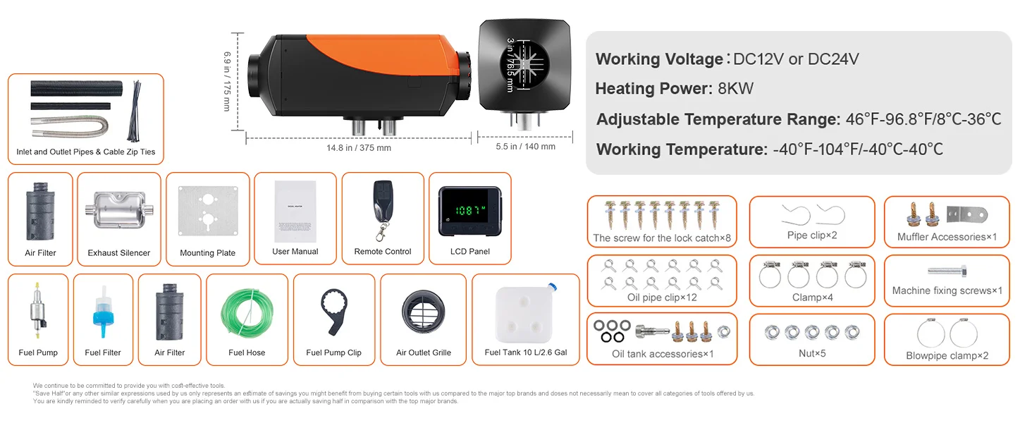 SucceBuy Diesel Air Heater 12V 5/8KW Diesel Heater Diesel Parking Heater Rapid Heating and Low Noise for RV Trailer Camper Van - Image 16