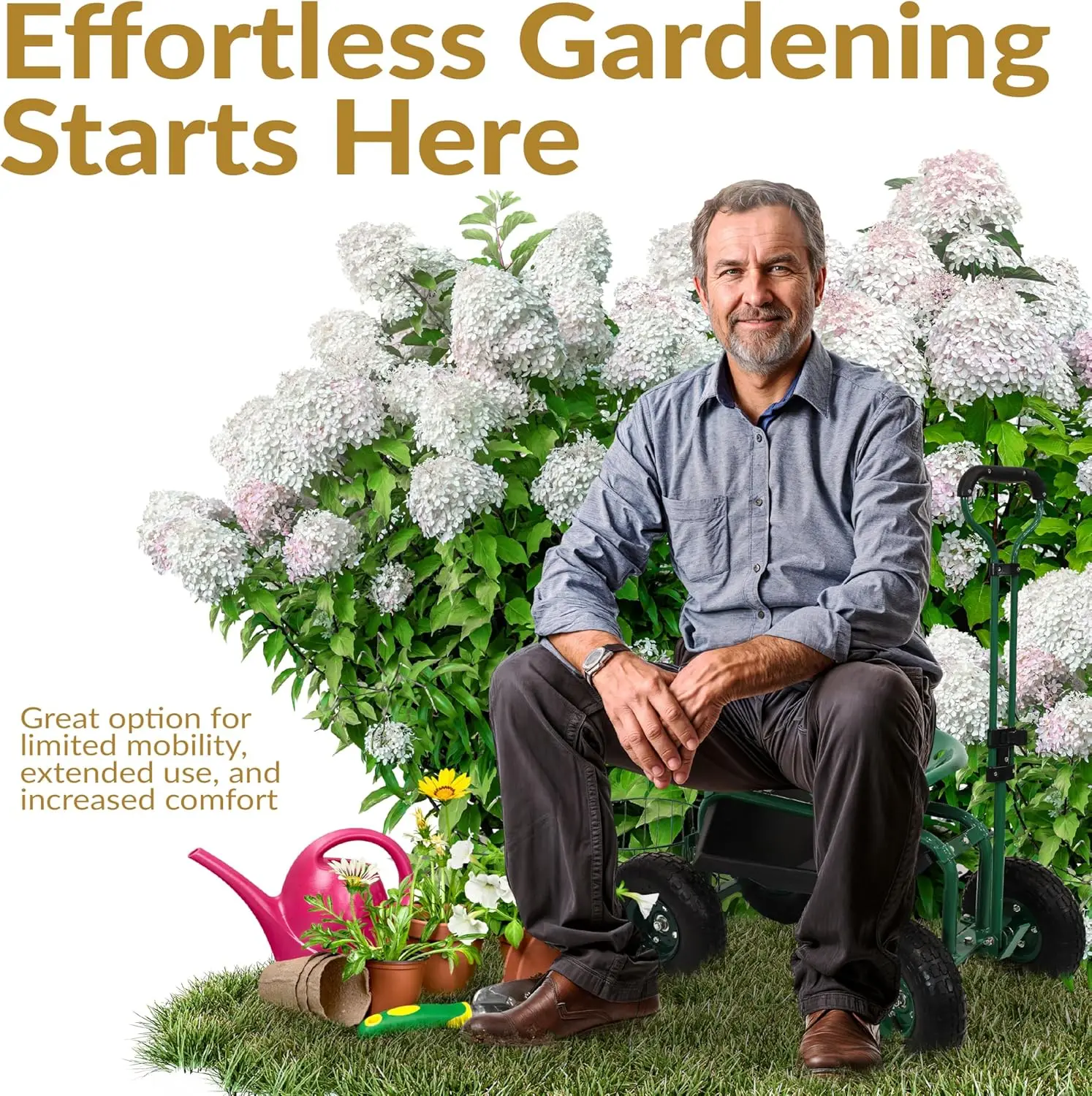 Customizable-Garden Cart With Wheels Garden Stool On Wheels Rolling Gardening Seat With Extendable Handle Swivel Seat . Green - Image 8