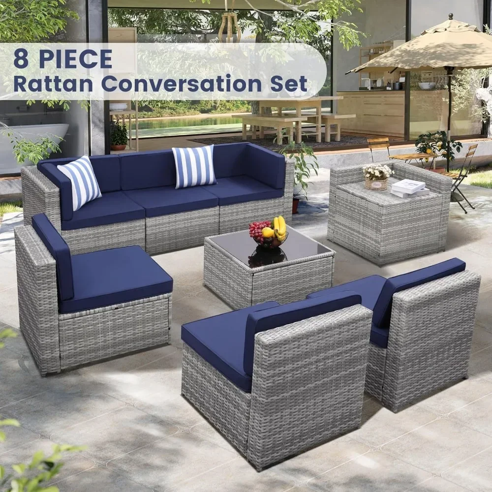 8-piece Outdoor Rattan Patio Furniture Segmented Set, Glass-topped Table with Hidden Storage - Image 14