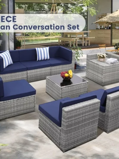 8-piece Outdoor Rattan Patio Furniture Segmented Set, Glass-topped Table with Hidden Storage