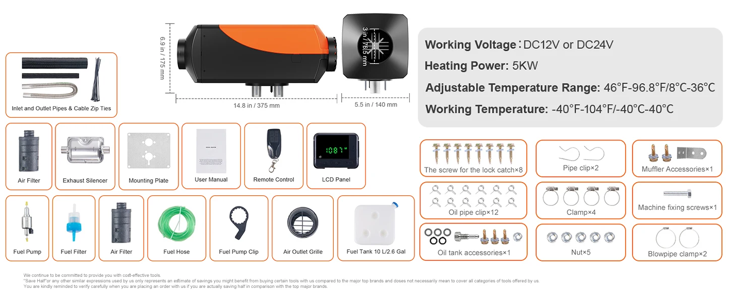 SucceBuy Diesel Air Heater 12V 5/8KW Diesel Heater Diesel Parking Heater Rapid Heating and Low Noise for RV Trailer Camper Van - Image 18