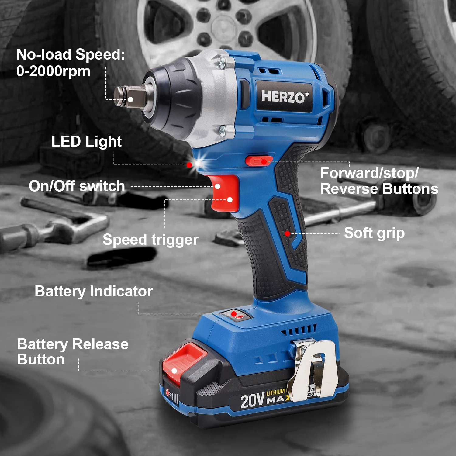 HERZO Cordless Impact Wrench 20V 1000Nm Brushless Electric Wrench Socket Battery Impact Driver Kit 1/2 Inch Power Tool - Image 2