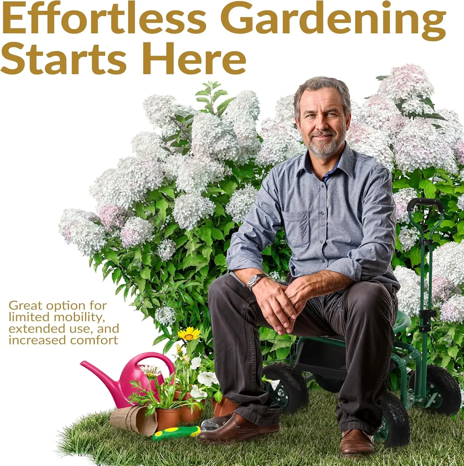 Customizable-Garden Cart With Wheels Garden Stool On Wheels Rolling Gardening Seat With Extendable Handle Swivel Seat . Green - Image 2