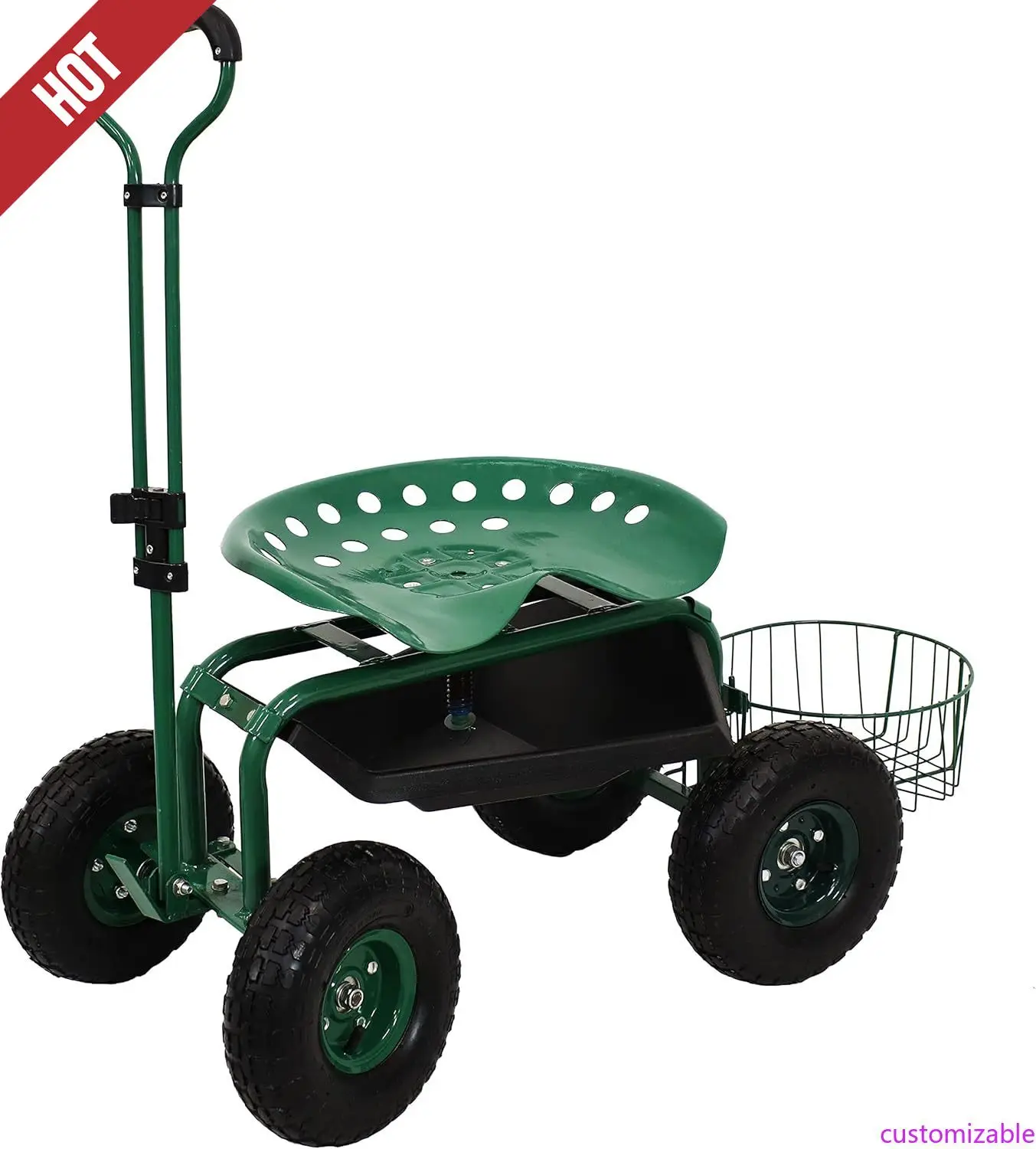Customizable-Garden Cart With Wheels Garden Stool On Wheels Rolling Gardening Seat With Extendable Handle Swivel Seat . Green