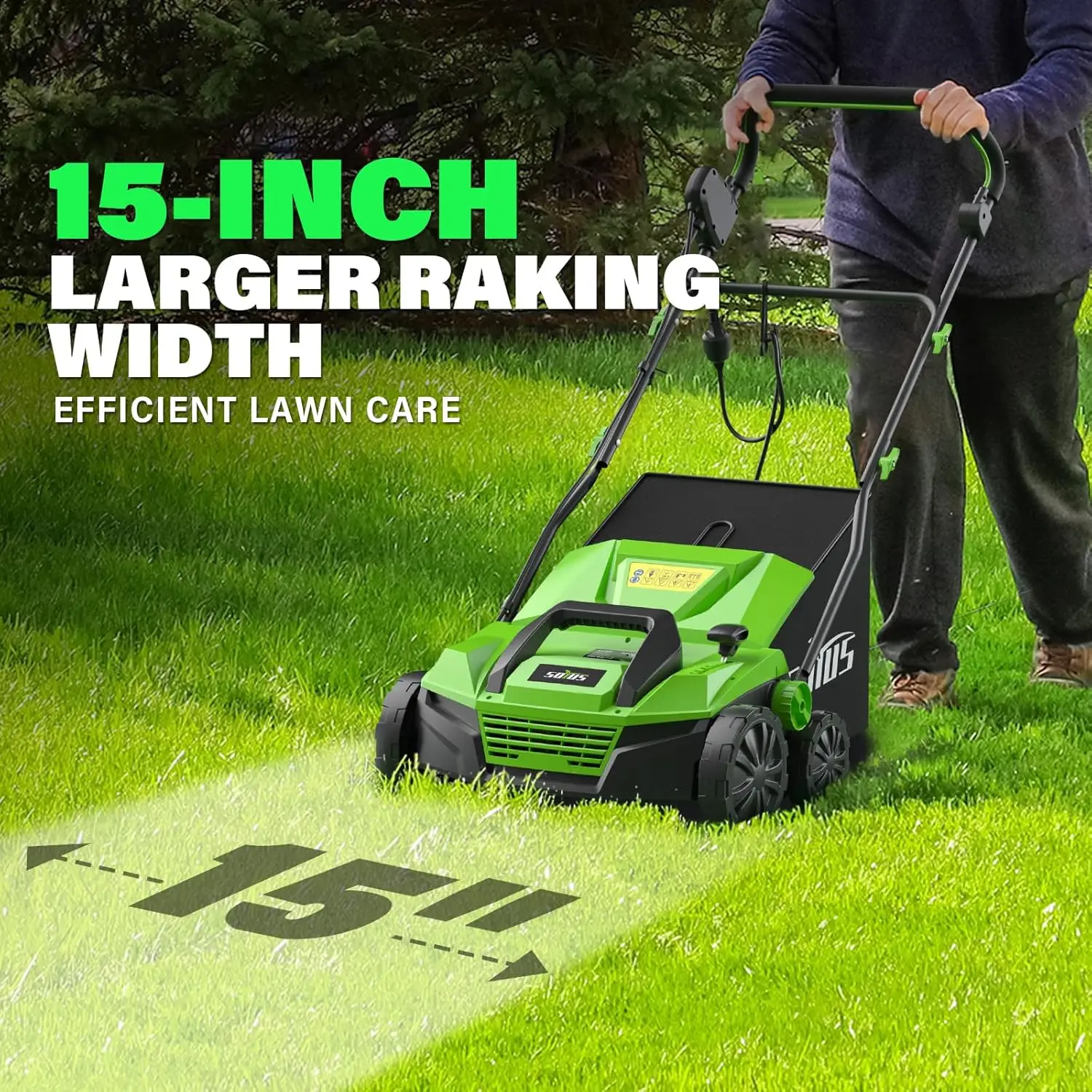 15-Inch 13-Amp Electric Dethatcher and Scarifier with 45L Removable Thath Collection Bag, Corded Lawn Dethatcher with 5-Position - Image 2