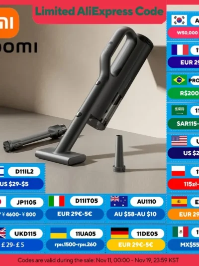 XIAOMI MIJIA Car Vacuum Cleaner 21kPa Suction,Type-C Fast Charg,150mL Dust Cup,For Home Wireless Vacuum Cleaners,2400mAh Battery