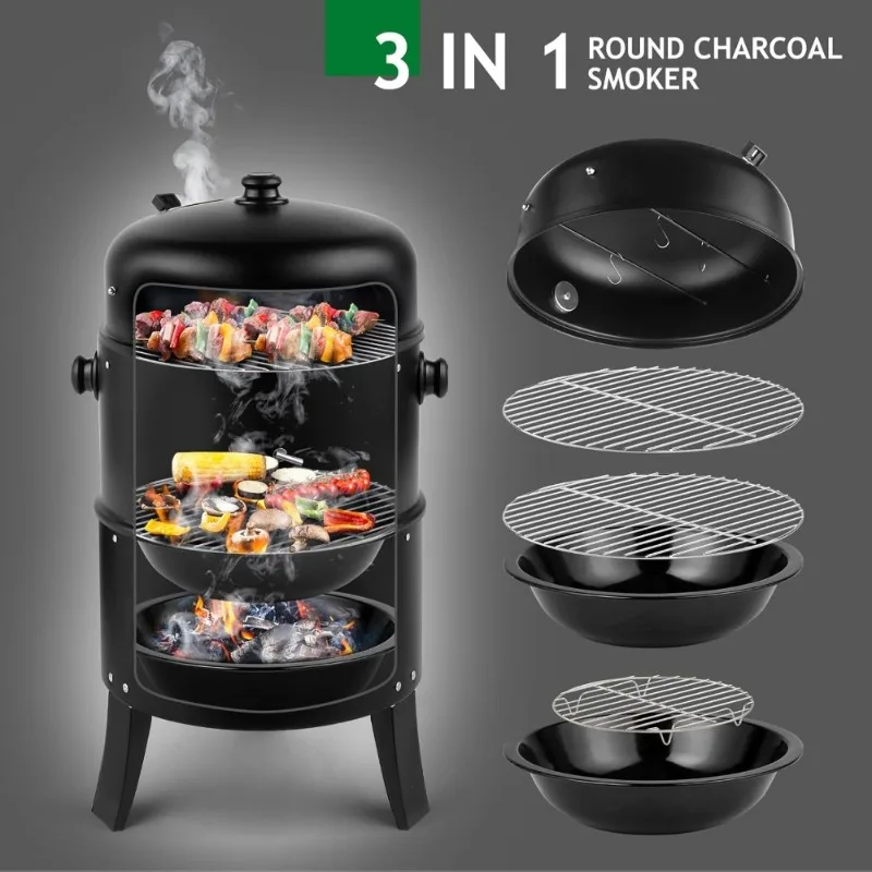 Vertical 17 Inch Charcoal BBQ Smoker Grill 3 in 1 Portable Outdoor Cooker with Built in Thermometer - Image 5