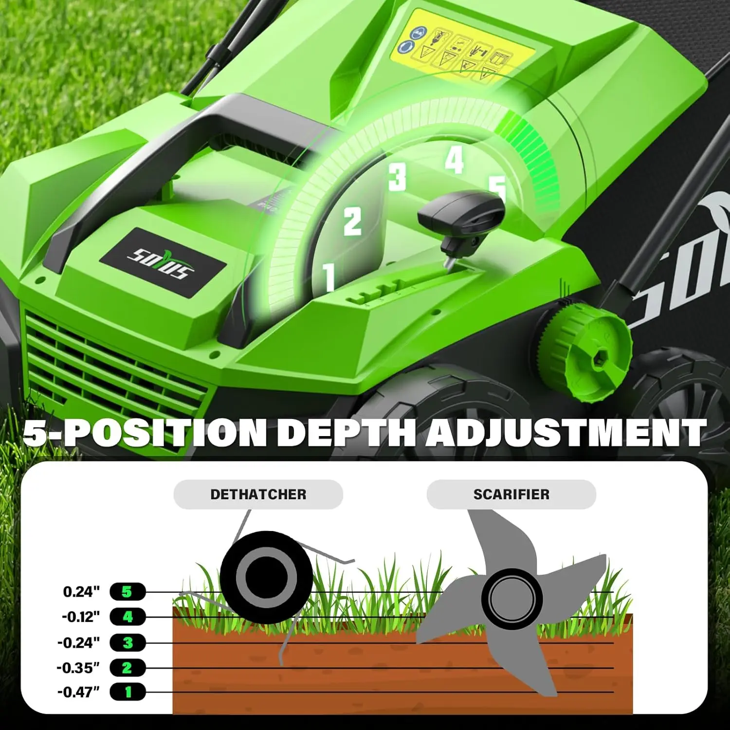 15-Inch 13-Amp Electric Dethatcher and Scarifier with 45L Removable Thath Collection Bag, Corded Lawn Dethatcher with 5-Position - Image 4