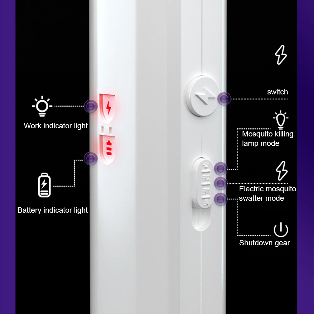 Handheld Electric Fly Swatter 3000V Bug Zapper Racket 2 in 1 Fly Swatter with USB Rechargeable Mosquito Killer Lamp - Image 5