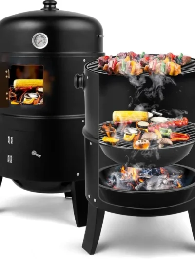 Vertical 17 Inch Charcoal BBQ Smoker Grill 3 in 1 Portable Outdoor Cooker with Built in Thermometer