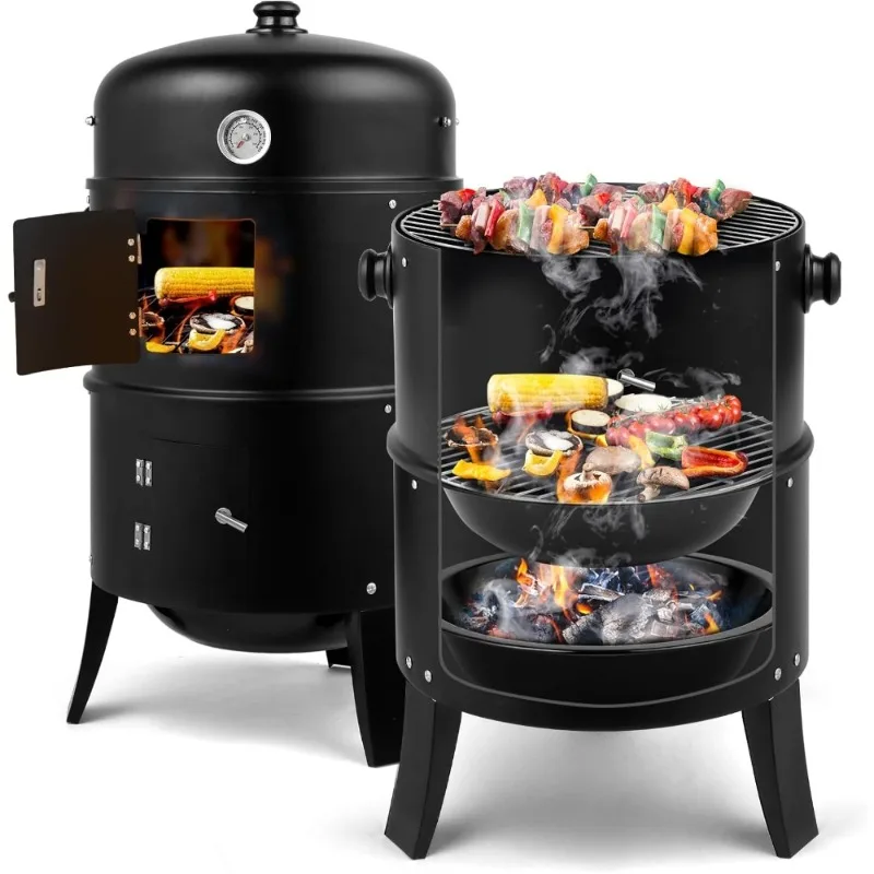 Vertical 17 Inch Charcoal BBQ Smoker Grill 3 in 1 Portable Outdoor Cooker with Built in Thermometer