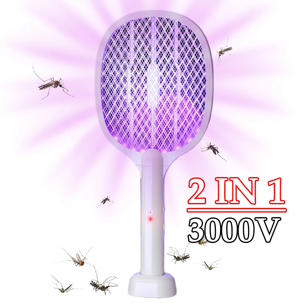 Handheld Electric Fly Swatter 3000V Bug Zapper Racket 2 in 1 Fly Swatter with USB Rechargeable Mosquito Killer Lamp - Image 2