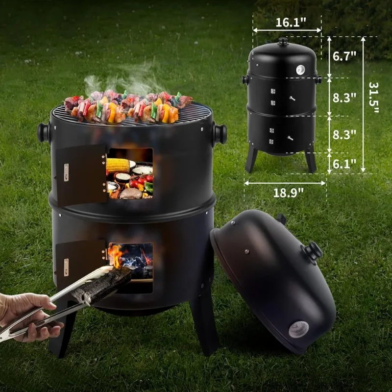 Vertical 17 Inch Charcoal BBQ Smoker Grill 3 in 1 Portable Outdoor Cooker with Built in Thermometer - Image 4