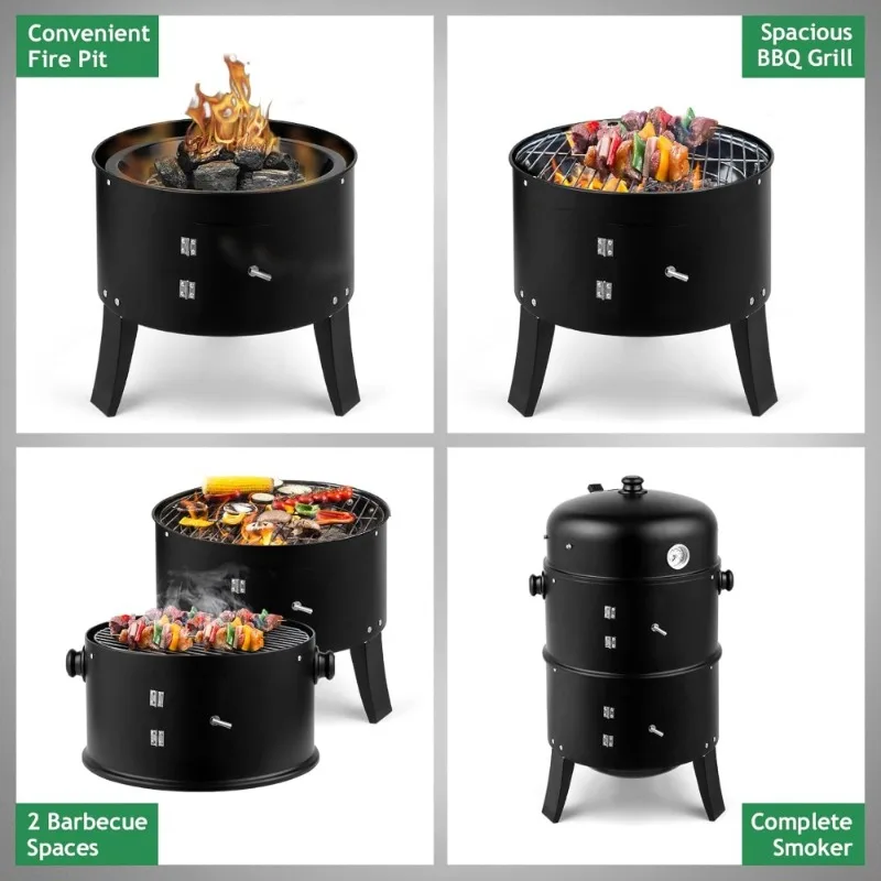 Vertical 17 Inch Charcoal BBQ Smoker Grill 3 in 1 Portable Outdoor Cooker with Built in Thermometer - Image 3