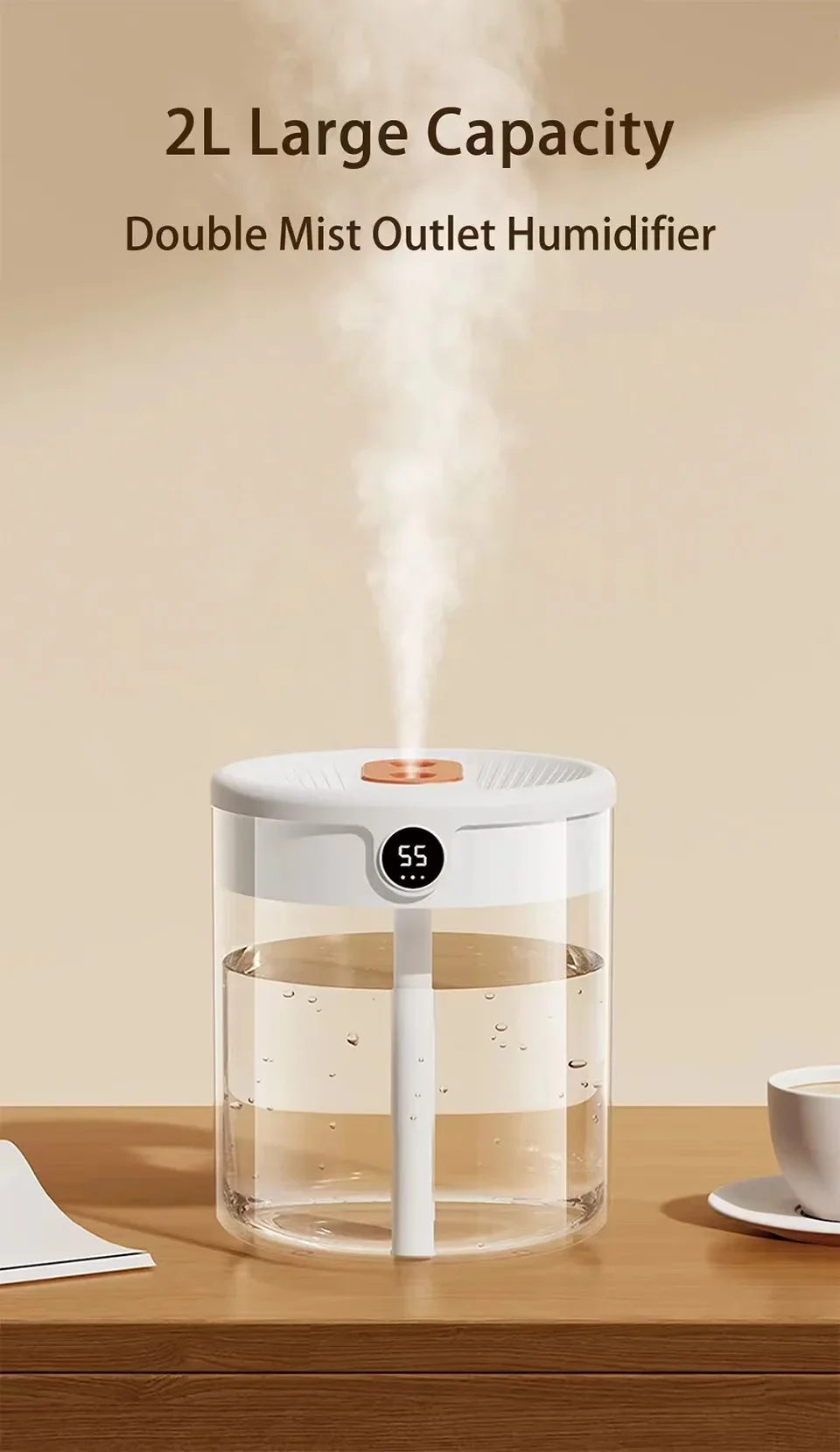 Dual Spray Humidifier USB Large Capacity Home 2L Quiet Bedroom LED Digital Display Night Light - Image 8