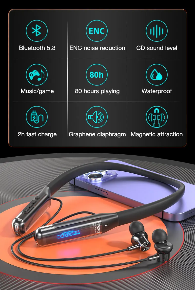 EARDECO 80 Hours Endurance Bluetooth Headphone with Microphone Wireless Headphones Bass Stereo Neckband Earphones Bluetooth 5.3 - Image 11
