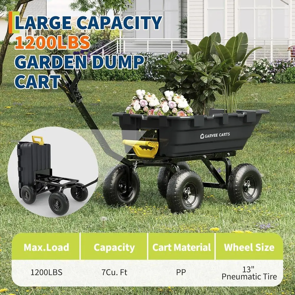 Heavy-Duty 1200lbs Capacity 7Cu.Ft. Garden Dump Cart with 2-in-1 Handle and 13in All-Terrain Wheels - Image 7