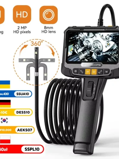 360° Steering Industrial Endoscope Camera 8mm 5"IPS Screen Single&Dual Lens Inspection Borescope 1080P For Car Engine Pip