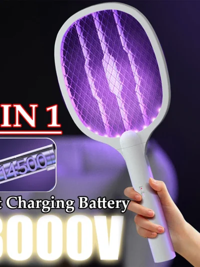 Handheld Electric Fly Swatter 3000V Bug Zapper Racket 2 in 1 Fly Swatter with USB Rechargeable Mosquito Killer Lamp