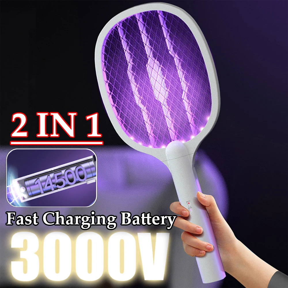 Handheld Electric Fly Swatter 3000V Bug Zapper Racket 2 in 1 Fly Swatter with USB Rechargeable Mosquito Killer Lamp