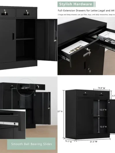 Secure 36" Metal Cabinet with Locking Doors and Dual Drawers for Classroom, Home, and Office Use - Sleek Black