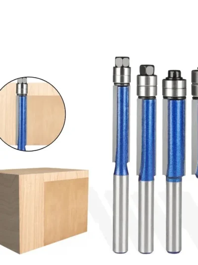 4pcs,Sparkling Silver-Blue Double Bearing Flush Trim Router Bit - 1/4" Shank Dual Cutting Blades Electric Accessory