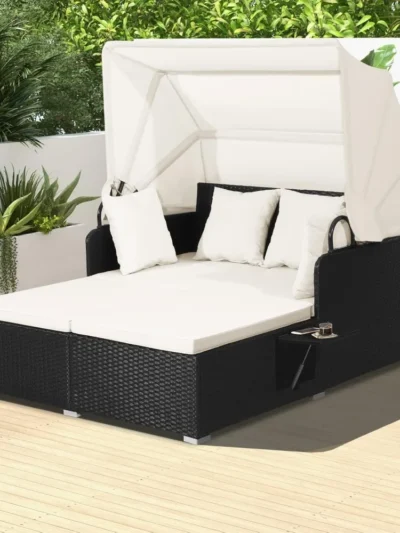 Patio Rattan Daybed, Patiojoy Wicker Daybed Lounger w/Retractable Canopy, 2 Foldable Side Panels, Thick Seat & Back Cushions, f