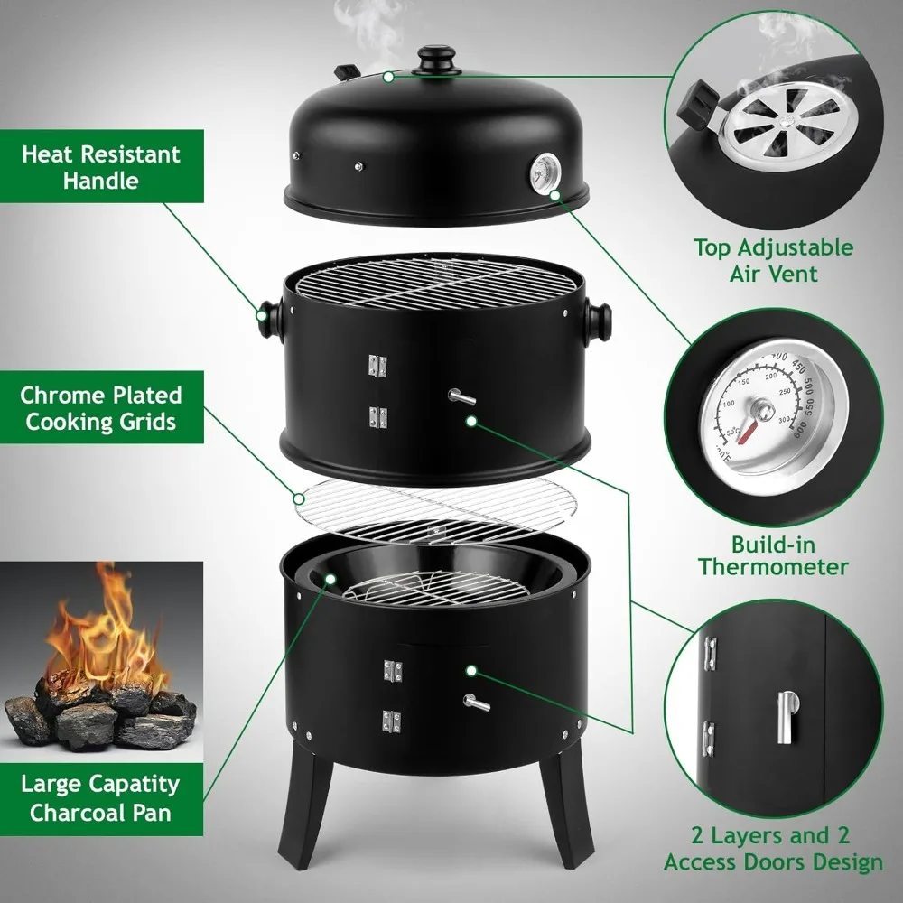 Vertical 17 Inch Charcoal BBQ Smoker Grill 3 in 1 Portable Outdoor Cooker with Built in Thermometer - Image 8