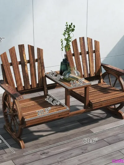 Wooden Garden Bench with Table, Umbrella Hole, 2-Seat Wagon Wheel Outdoor Bench with Slatted Seat, High Backrest, Armrests