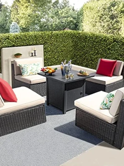 5 Pieces Outdoor Patio Furniture Set with Outdoor Rattan Sectional Sofa and 28" Propane Fire Pit Table