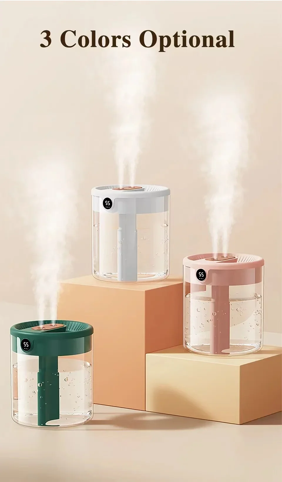 Dual Spray Humidifier USB Large Capacity Home 2L Quiet Bedroom LED Digital Display Night Light - Image 11