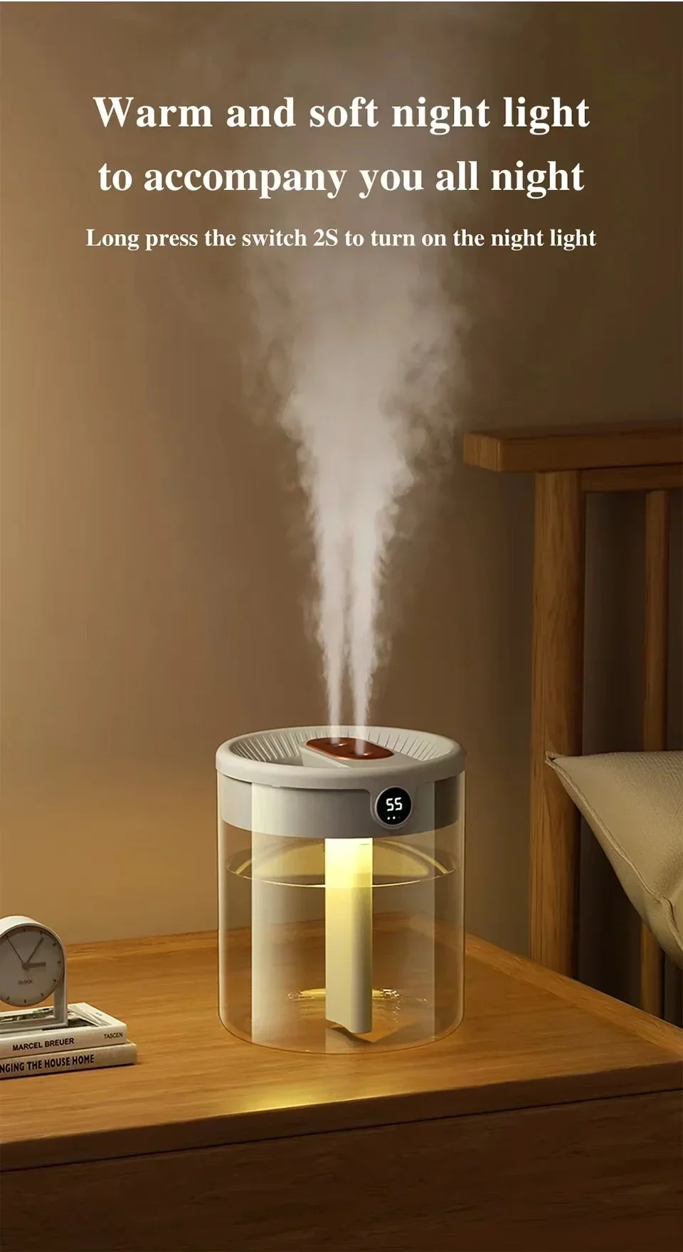 Dual Spray Humidifier USB Large Capacity Home 2L Quiet Bedroom LED Digital Display Night Light - Image 17