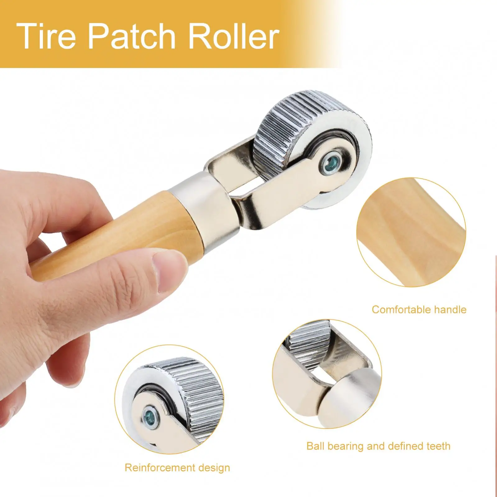7 inch Tire Patch Roller Anti Slip Solid Wood Handle Roller Tool for Car / Motorcycle / Bicycle - Image 2
