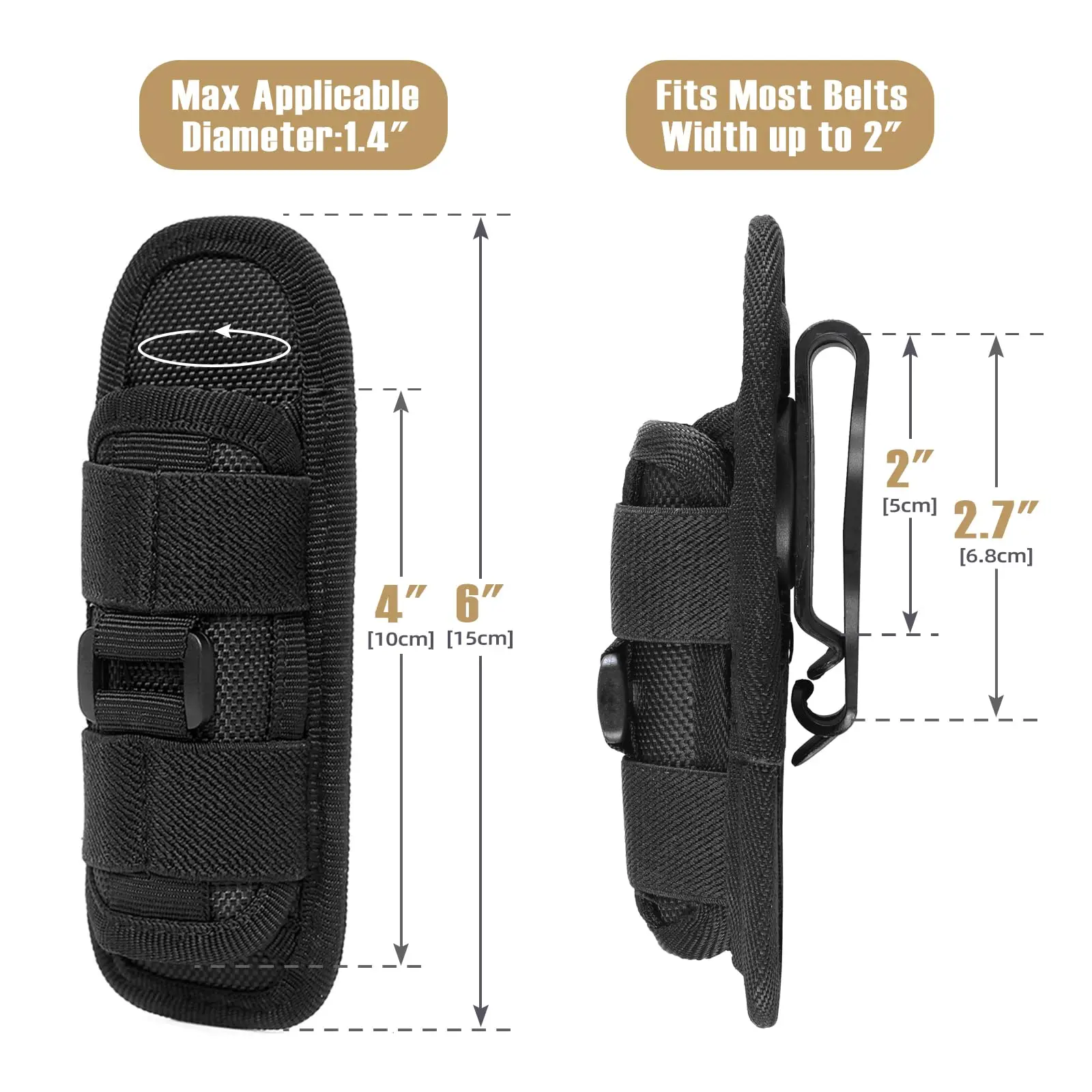 Tactical Flashlight Pouch Holster, Rotatable Holder Belt Clip Tactical Torch Carry Case with 360 Degree Carabiner Reel Clip - Image 3
