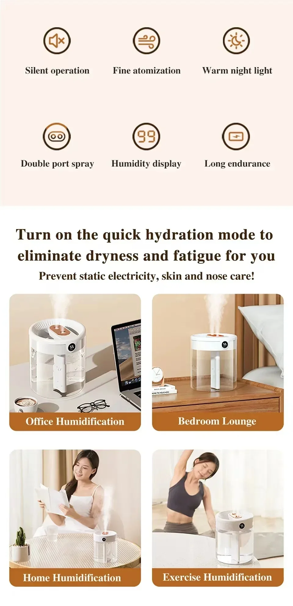 Dual Spray Humidifier USB Large Capacity Home 2L Quiet Bedroom LED Digital Display Night Light - Image 9
