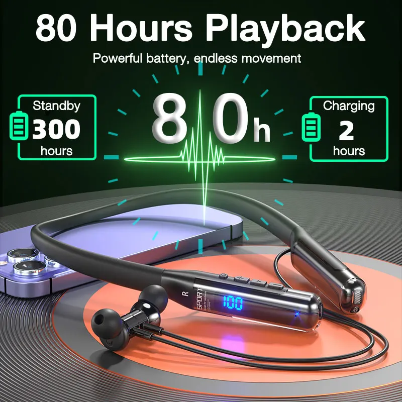 EARDECO 80 Hours Endurance Bluetooth Headphone with Microphone Wireless Headphones Bass Stereo Neckband Earphones Bluetooth 5.3 - Image 2