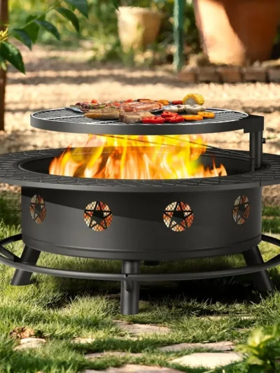 43 Inch Fire Pit with BBQ Grill, Wood Burning Fire Pits for Outside with Lid & Poker