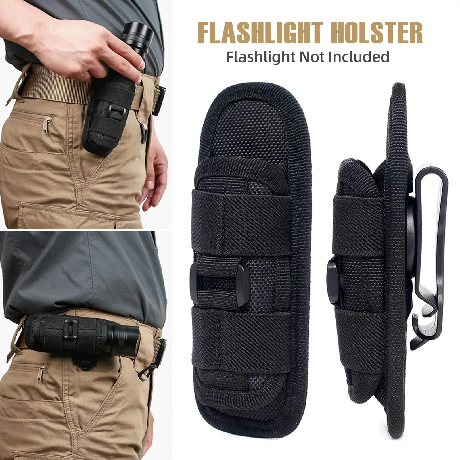Tactical Flashlight Pouch Holster, Rotatable Holder Belt Clip Tactical Torch Carry Case with 360 Degree Carabiner Reel Clip - Image 4