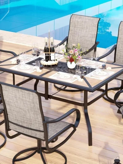 Outdoor Patio Dining Table for 6, Rectangular Patio Furniture Table with Metal Frame and Immitation Top, Adjustable Umbrella Ho