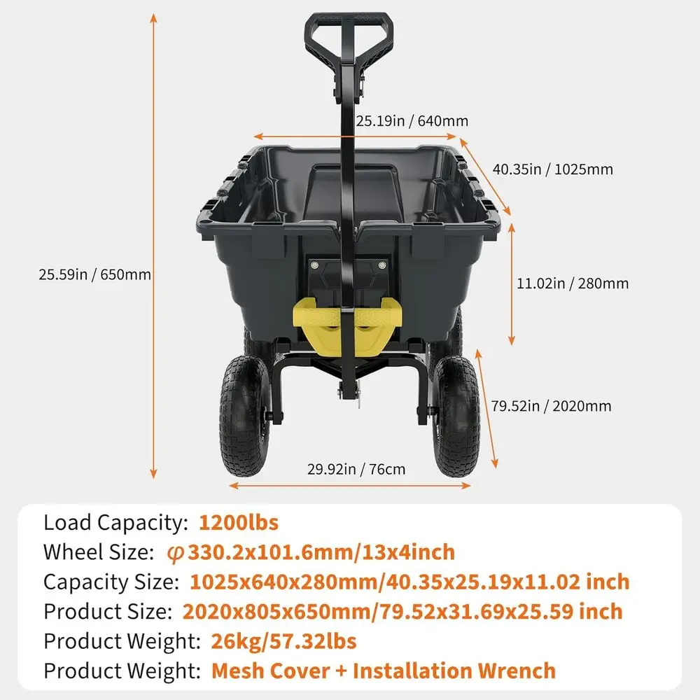 Heavy-Duty 1200lbs Capacity 7Cu.Ft. Garden Dump Cart with 2-in-1 Handle and 13in All-Terrain Wheels - Image 9