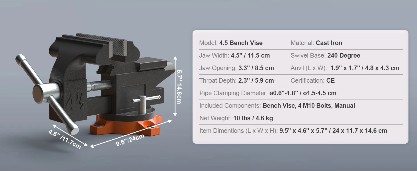 SucceBuy Bench Vise 4.5" 6" 6.5" Multipurpose, Swivel Base & Anvil Heavy Duty Cast Iron - Image 21