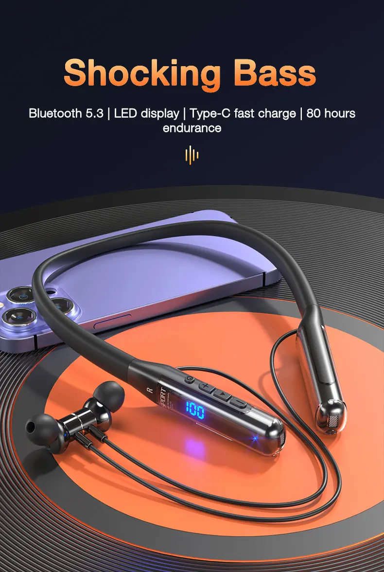 EARDECO 80 Hours Endurance Bluetooth Headphone with Microphone Wireless Headphones Bass Stereo Neckband Earphones Bluetooth 5.3 - Image 10