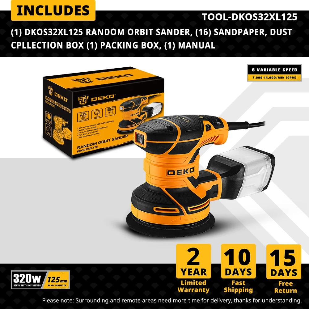 DEKO DKOS32XL125 320W Speed 14000pm Random Orbit Sander Home DIY Carpenter Strong Dust Collection Polisher - Image 6