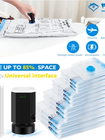 1-15pc Universal Vacuum Storage Bag with Cordless Electric Pump,Rechargeable Wireless Pump for Bags,Space Saver Travel Organizer